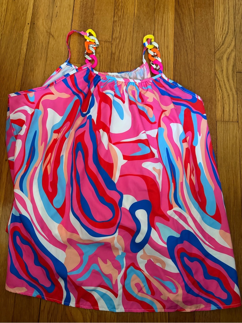 Pink, blue, and white abstract swirl tank top